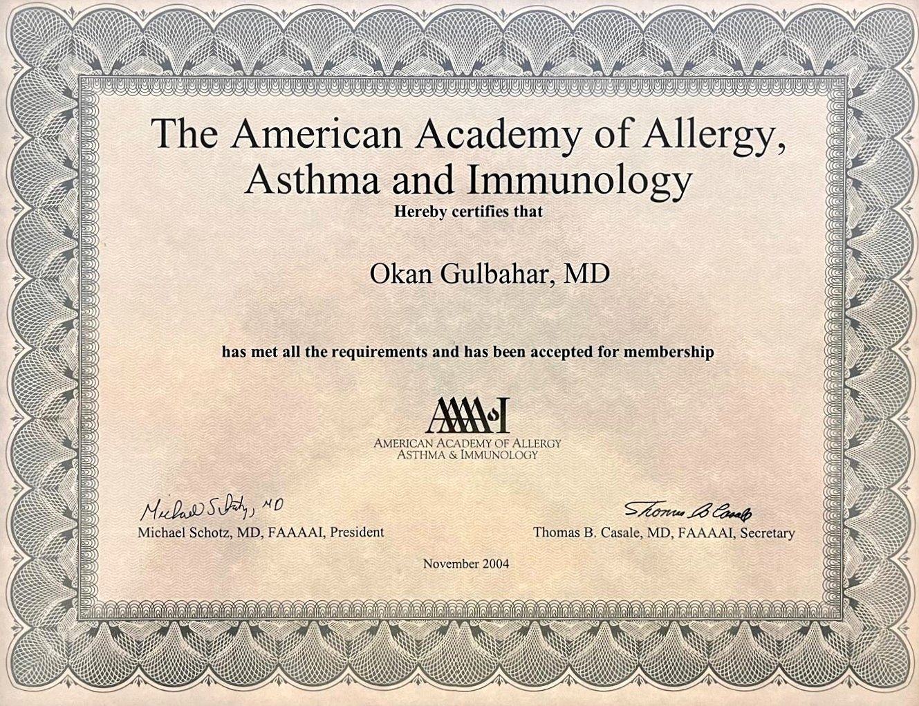 American Academy of Allergy, Asthma and Immunology üyelik belgesi — Kasım 2004