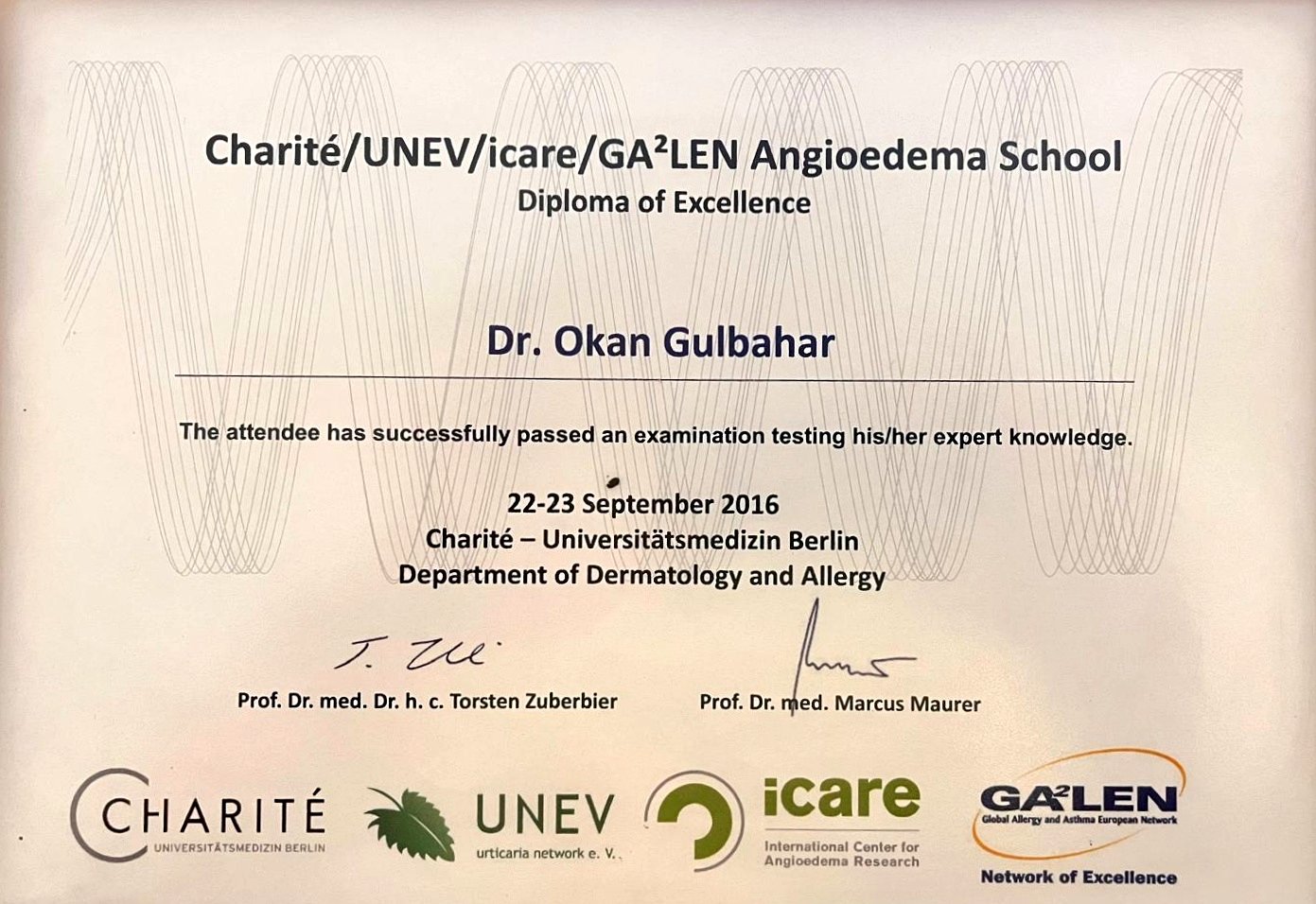 Charité / UNEV / icare / GA²LEN Angioedema School — Diploma of Excellence, 2016