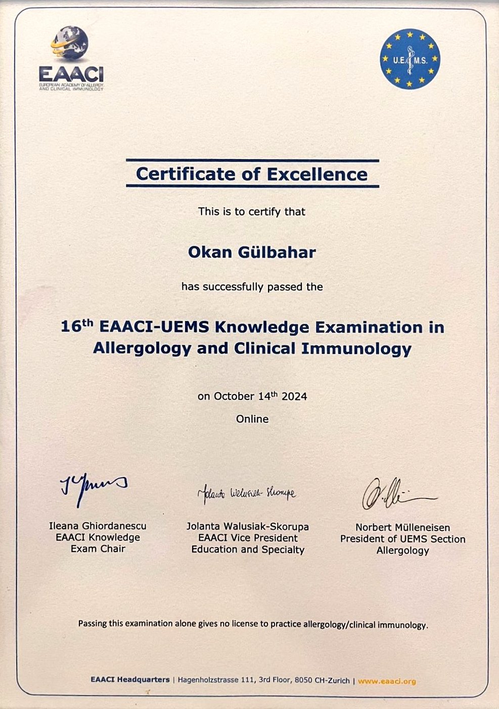 EAACI-UEMS 16. Bilgi Sınavı — Certificate of Excellence, Ekim 2024